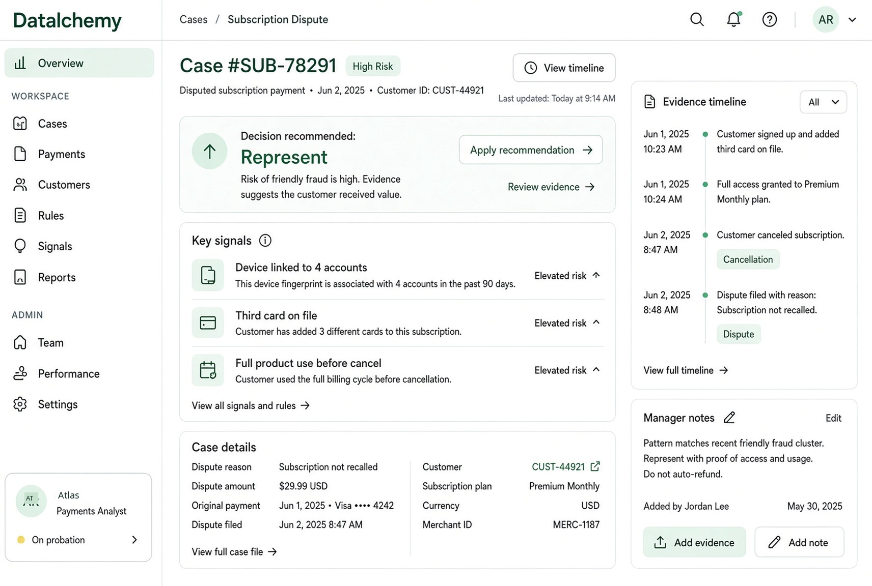 Datalchemy payments analyst building a representment case on a subscription dispute